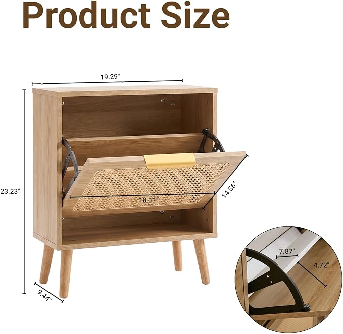 Shoe Cabinet, Rattan Shoe Storage Cabinet for Entryway with Flip Drawers | Singel Drawers, Breathable Rattan, Odor Resistant, Hidden Shoe Organizer, Slim Space Saving, Narrow Cabinet, Entryway Storage
