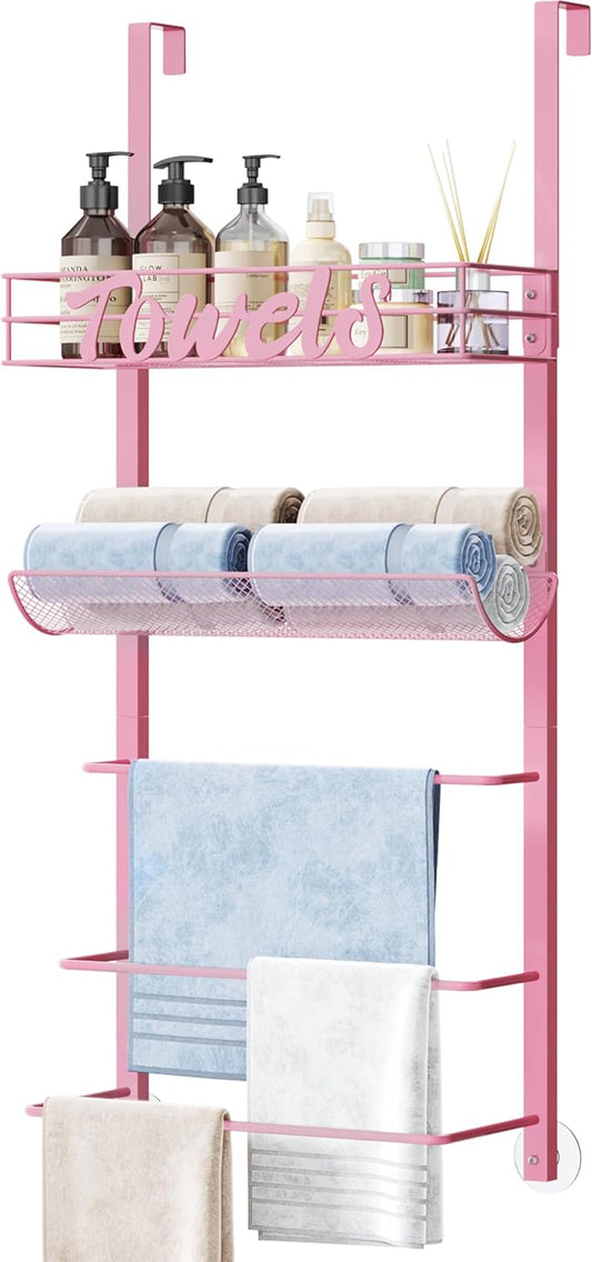 SWTYMIKI SWTYMIKI Over the Door Towel Racks for Bathroom - 5-Tier Wall Mounted Bathroom Towel Storage Organizer Holder with Metal Shelf, Pink