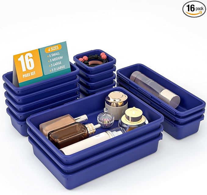 16 PCS Drawer Organizer Set, 4 Size Makeup Drawer Divider Organizer With Non-Slip Pads, Interlocking Plastic Storage Bins for Office,Jewelry Vanity,Gadgets, Bathroom,Kitchen, Navy