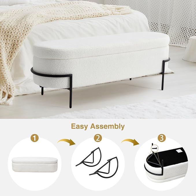 FiveWillowise 45 Inch Sherpa Storage Ottoman Bench,End of Bed Bench | Upholstered Boucle Storage Bench with Storage,Metal Stand and Hinges,Oval Ottomans for Living Room,Bedroom,White