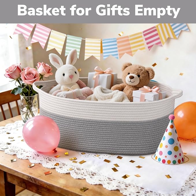 Goodpick Large Woven Rope Basket for Gifts Empty, 19.7"x 11"x 7.9", Grey | Storage Basket with Handles for Nursery Living Room, Perfect for Blankets, Pillows & Towels, Toys Storage