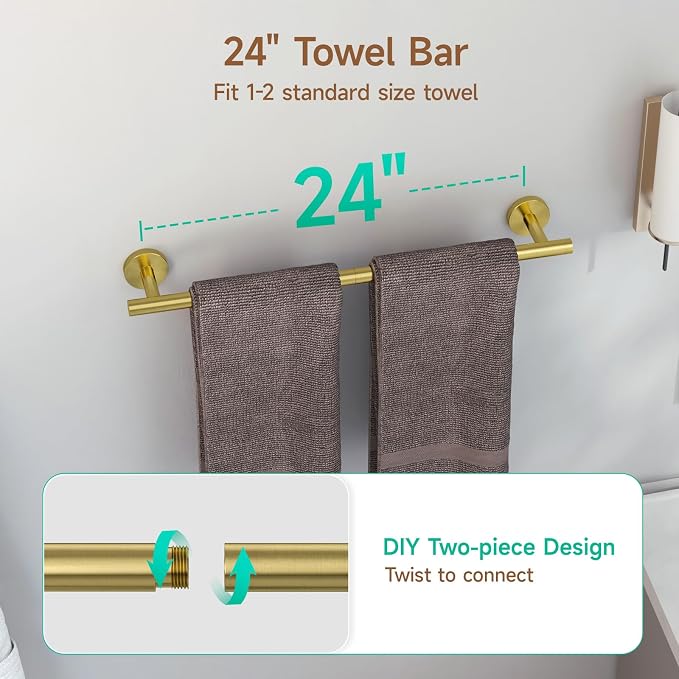 USHOWER 8PCS Brushed Gold Bathroom Hardware Set, 24-Inch Towel Bar Set | Durable SUS304 Stainless Steel Bathroom Accessories Set, Towel Racks for Bathroom Wall Mounted, Modern Home Decor