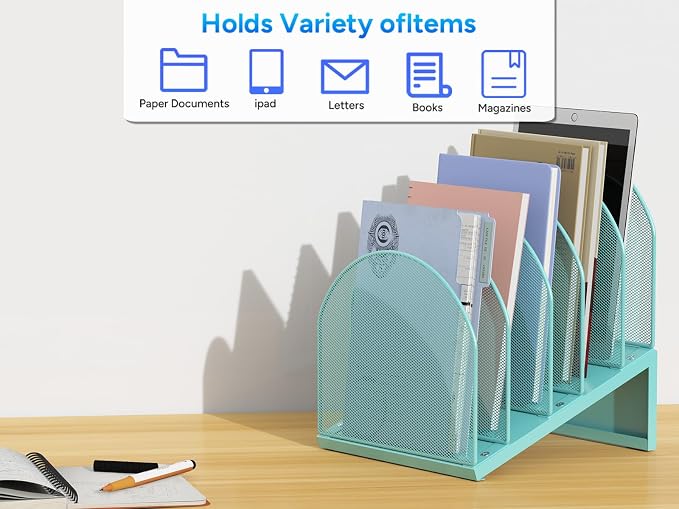 gianotter Desktop File Organizer, Desk Organizer with 5 Compartments, Paper Organizer for Desk, Workspace Organizers for Office Supplies (Blue, Inclined Style)