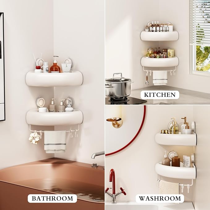 CICUFY Shower Caddy Suction Cup, 2 Pack No Drilling Corner Shower Shelves, Rust Proof Bathroom Storage Organizer, Shower Corner Caddy with Removable Hooks and Towel Bar, Triangle, Cream