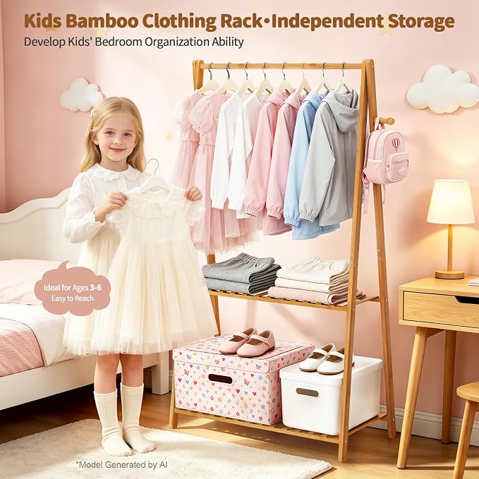 Kids Clothing Rack Small Baby Clothes Racks Bamboo Garment Rack 50"H | Wooden Short Mini Dress Up Costume Rack with Shelves for Hanging Clothes, Nursey Toddler Shower Children Clothes Hanger Rack