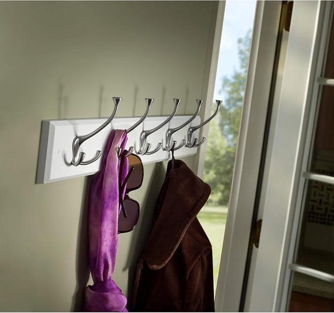 Liberty Hardware 129848 Wall Mounted Coat Rack with 5 Decorative Hooks, 27-Inch, Satin Nickel and White