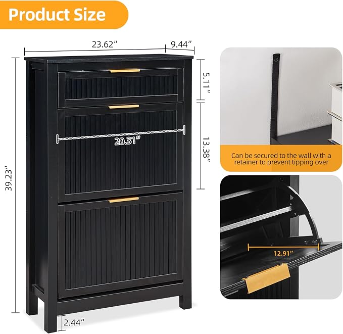 2-Flip Drawer Shoe Cabinet Narrow Entryway Rack, Black | Vertical Wood Grain, Metal Handles, Adjustable Compartments, Removable Shelf, Anti-Tip Device, for Hallway Foyer Entryway