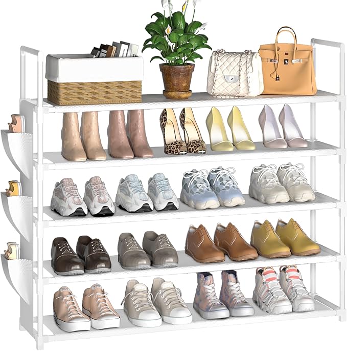 OYREL 5 Tier Shoe Organizer, 33.3in Wide x 11.2in Deep x 35.6in Tall, Black Metal and Plastic Shoe Rack with Side Bag, Holds 20-25 Pairs of Shoes | Closet, Entryway, Garage, Door Entrance, Space Saving Shoes Holder Stand, Sturdy Metal Free Standing She...