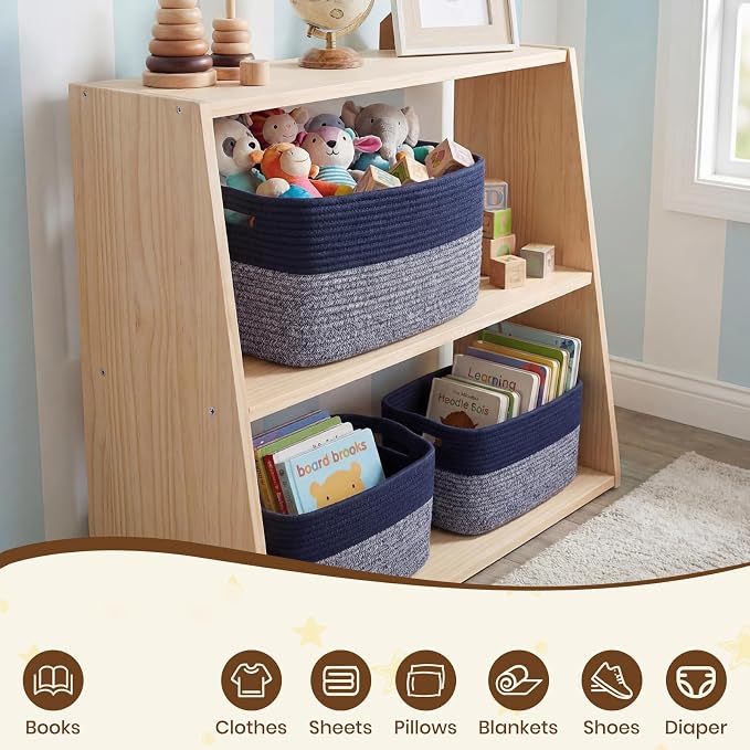 Storage Baskets for Organizing, 14 x 10 x 9” Closet Shelf Woven Baskets, Square Bins with Handles, Cotton Rope Basket for Clothes, Office, Room, Grey+Blue 3 Pack