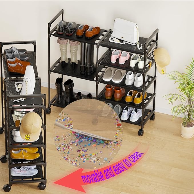 CSXGBAB Shoe Rack Organizer, 5-Tier Large Shoe Stand with Wheels Easy to Mobile Tall Shoe Storage Shelf for Closet, Entryway or Garage for 16–18 Pairs