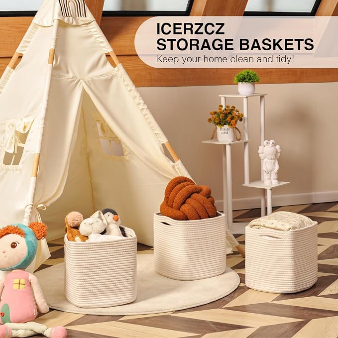 ICERZCZ 11 Inch Cube Storage Bins, Organizer Bins, Woven Cotton Rope Baskets for Storage, Storage Baskets for Organizing Shelves, White Basket for Toys, Off White (Pack of 3)