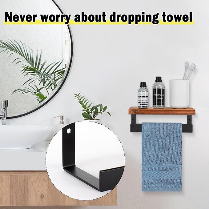 Hand Towel Holder/Towel Ring with Wooden Shelf, Hand Towel Rack, Hand Towel Hanger for Bathroom, Bath Accessories Wall Mounted, (Matte Black, 9"-Squ Shaped)