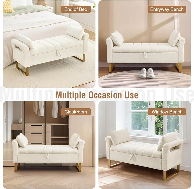 52" Storage Bench for Bedroom Upholstered End of Bed Bench Queen Size Ivory | Bedroom Benches for Foot of Bed Queen with Gold Legs,2 Pillows,Teddy Storage Ottoman Bench for Bedroom,Entryway,Cloakroom