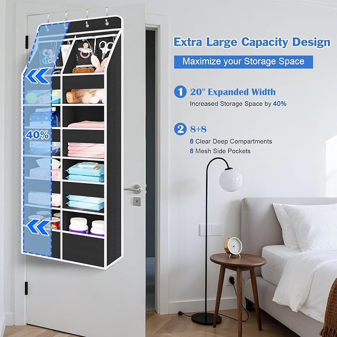Univivi Upgraded Over the Door Organizer for Baby Nursery, Black, 5-Shelf | Fabric Door Organizer with Clear Window Deep Pockets, Over Door Hanging Organizer for Baby Essential, Bedroom, and Dorm