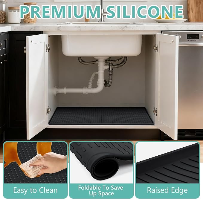 32" x 22" Under Sink Mat for Kitchen Lanstics Under Sink Organizer Black | Waterproof Raised Edge Silicone Mat Sink Protector Silicone Organizers Tray for Kitchen Bathroom