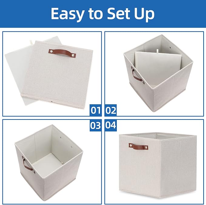 Temary Fabric Storage Cubes Storage Bins with Dual Leather Handles, 4 Pack Cube Baskets 13x13 Foldable Cube Organizers for Shelves, Home, Office, Nursery
