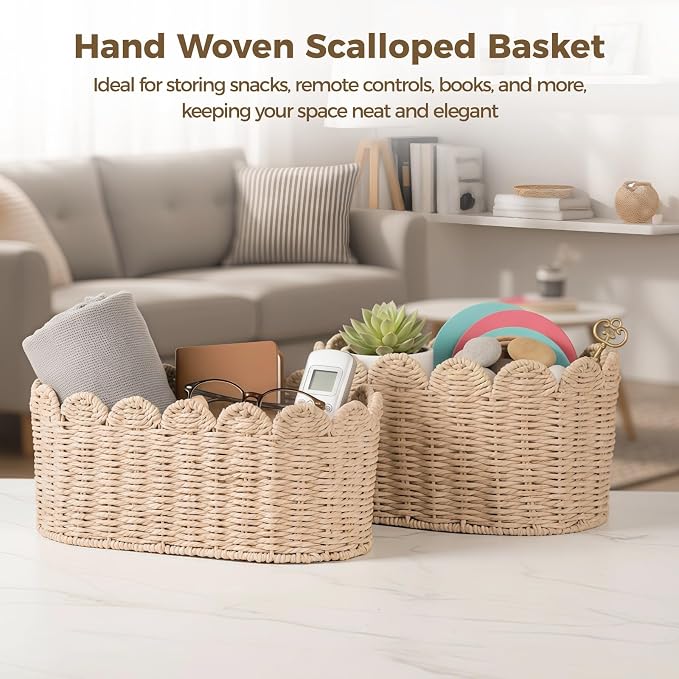2 Pcs Woven Storage Baskets, Handwoven Basket with Scalloped Edge, Decorative Organizer for Home, Kitchen, and Desktop, Large 15.99 x 9.75 x 7.02 in, Small 13.65 x 7.8 x 6.05 in
