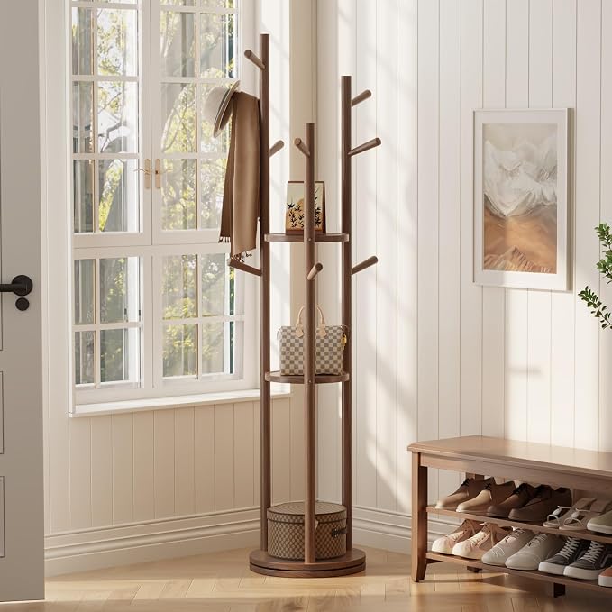 Muwuele Solid Wood Rotary Coat Rack, Freestanding Coat Rack with 3 Shelves and 9 Hooks, Coat tree for Bedroom, Entryway, Livingroom, Coat Hanger Stand for Coats, Scarves, Handbags (Walnut)