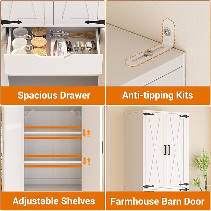 Unikito 71" Tall Kitchen Pantry Storage Cabinet with Farmhouse Barn Doors and Storage Drawer, 4 Adjustable Shelves, Freestanding Cupboard for Dining Room, Living Room, Utility Room, White