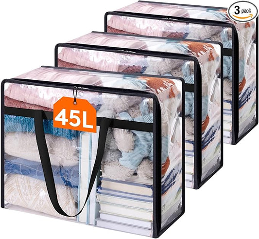 Lifewit 3 Pack Clear Clothes Storage Bags, 45L Plastic Blanket Storage Bag, Vinyl Foldable Moving Bags with Zipper, Closet Organizers and Storage Containers for Bedding, Duvet, Comforter