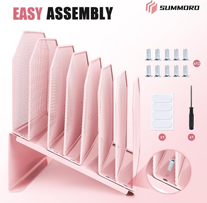 SUMMORO Inclined File Organizer for Desk, 7-Tier Vertical File Folder Holder Office Desk Organizer Metal Rack File Wire Mesh Desktop Document Sorter for Office School Classroom Home (Pink)