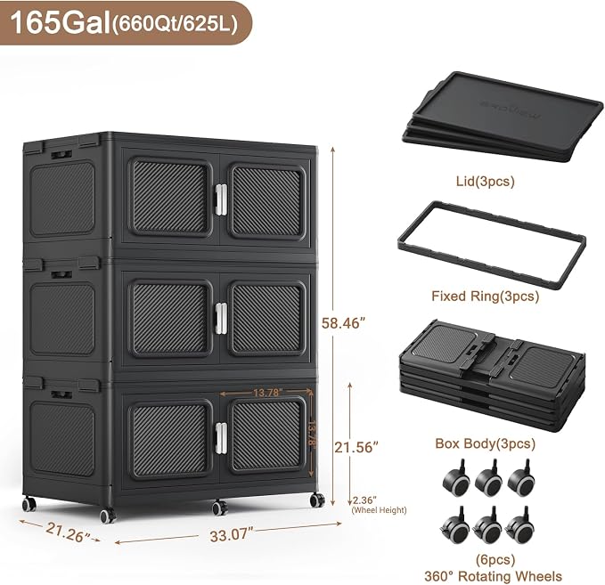 BROVIEW 660 Qt Extra Large Stackable Storage Bin with Lids, 3 Pack Black | 165Gal Extra Large, Collapsible Storage Boxes with 3 Lids, Folding& Rolling Plastic Drawer, Heavy-Duty Cabinet Organization