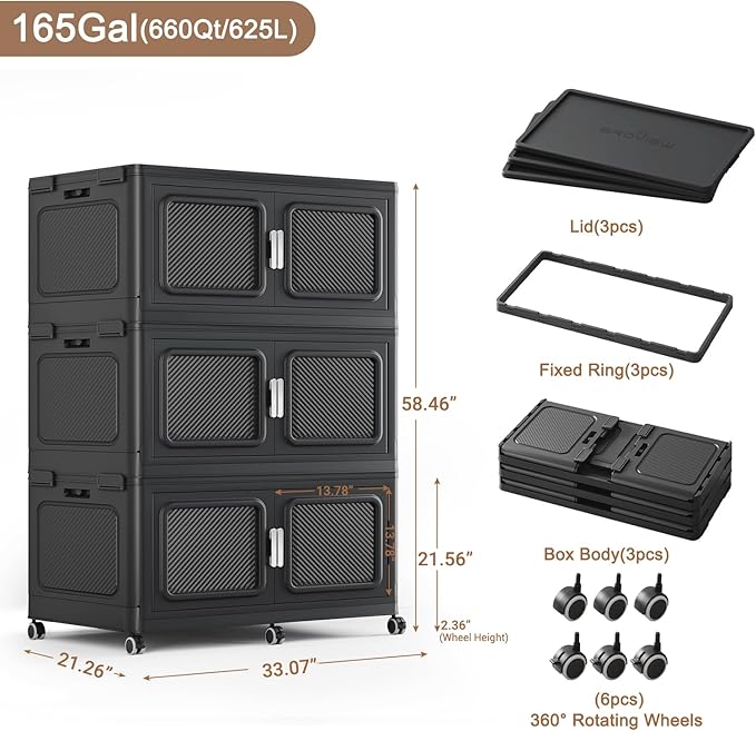 BROVIEW 660 Qt/165 Gal Stackable Storage Bins with Lids, 3 Pack, Black | Large Stackable Storage Boxes w/ 3 Lid Folding Plastic Cart Organizer for Home Kitchen, Open Front Clear Door with Wheels