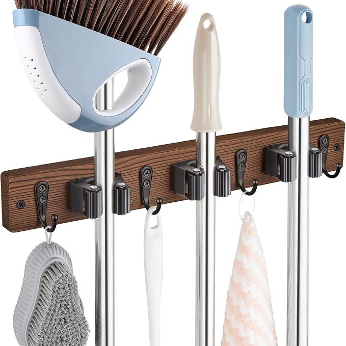 OUTNILI Mop Broom Holder Wall Mount with 3 Slots & 4 Hooks - Wood Broom Mop Hanger for Pantry Kitchen Organization - Garden Tool Organizer for Closet Laundry Room - for Rustic Farmhouse Kitchen Decor