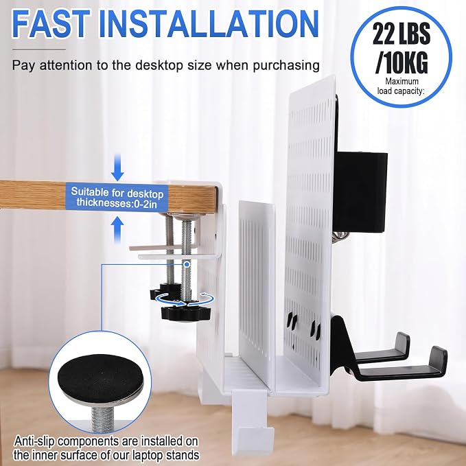 Desk Side Storage Organizer Set No Drill Under Desk Laptop Stand Organizer with Cup Pen Holder Headphone Hanger and Magnet Hook for Office Home Table Fits Edge 0.2" to 2.2"(Double,White)