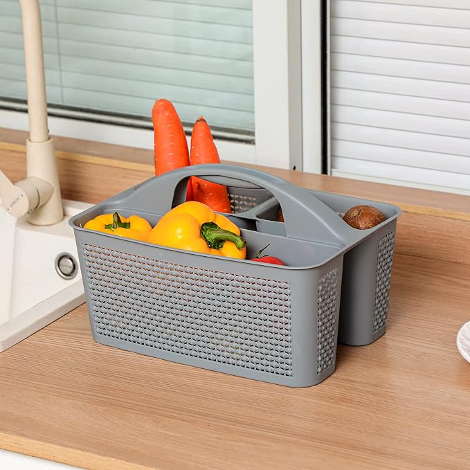 Plastic Portable Shower Caddy Basket with Handle, 3 Compartments, Grey | Storage Organizer with Drain Holes, Sturdy and Durable For Bathroom, Kitchen, College Dorm, Sink, Camping