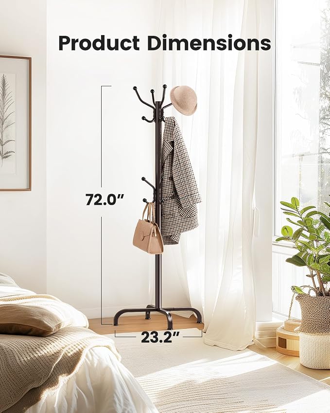 Pipishell Coat Rack with 14 Hooks, Freestanding Coat Rack Stand for Entryway, Hallway, Bedroom, and Office, Metal Coat Tree & Hat Rack for Coats, Hats, and Bags, Brown | Durable metal frame, stable four-point base, 2 hook heights for adults and kids, s...