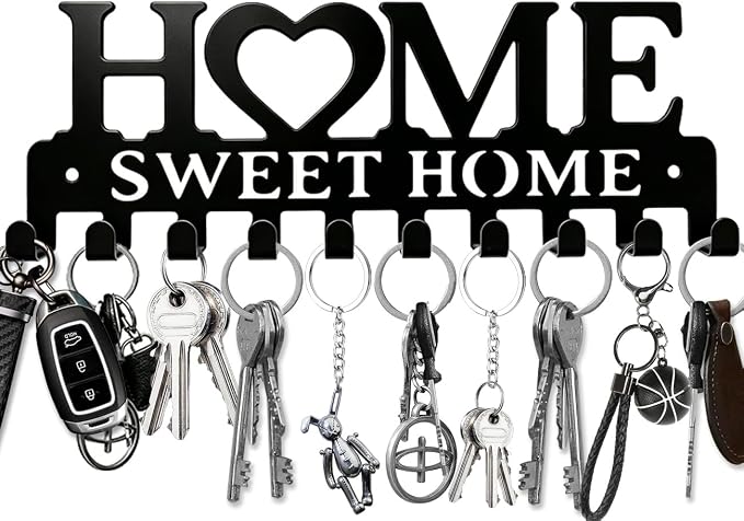 Key Holder Hooks Organizer Hanger Rack Wall Mounted Sweet Home Metal Decor Stylish and Practical for Entryway Front Door Kitchen Hallway Garage Mudroom Office Hardward Included Black (Sweet 10 Hooks)