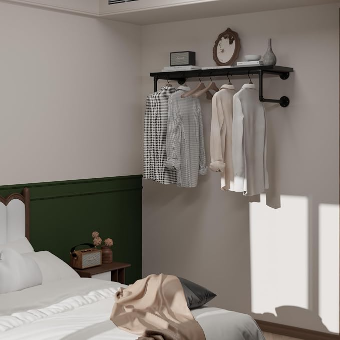 Clothes Rack 36in, Wall Mounted Garment Racks with Real Black Wood Shelf, Heavy Duty Hanging Clothes Rack, Multi-Purpose Hanging Rod, Space-Saving Closet Storage