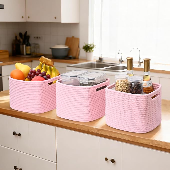 3 Pack Cube Storage Bin, 9”x9”x7” Cotton Rope Woven Baskets for Organizing Toys Clothes Towels, Square Gift Storage Baskets for Shelves, Nursery, Closet, Bathroom, Pantry (Pink)