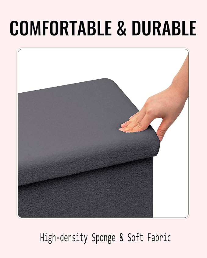 Small Ottoman with Storage, Sherpa Storage Ottoman Cube, Boucle Folding Foot Rest for Dorm, Living Room, Bedroom, Grey, 16.5"x12.6"x12.6"