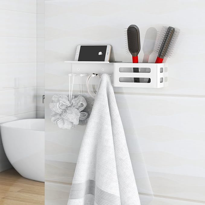 MKO Key Holder Wall Mount, Adhesive Key Hanger with 4 Hooks for Wall, White | Metal Material, Key Rack with Shelf, Wall Mount, Mail Organizer Tray, Suitable for Entryway, Hallway, Living Room