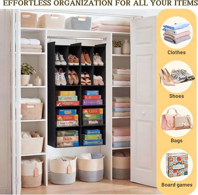 5 Tier Hanging Closet Organizer, 14 Compartments Dual Row Storage, Black | Closet Organizers and Storage with Large & Small Pockets, 3 Sturdy Hooks Support Heavy Loads, Ideal for Dorm, Garment Rack