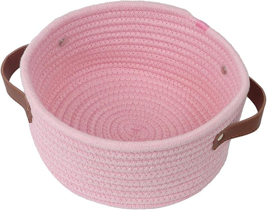 Small Woven Cotton Rope Basket with Leather Handle, Pink | Mini Round Storage Basket, Empty Gift Basket, Nursery Toy Organizer, Decorative Shelf Bin, Boho Room Decor