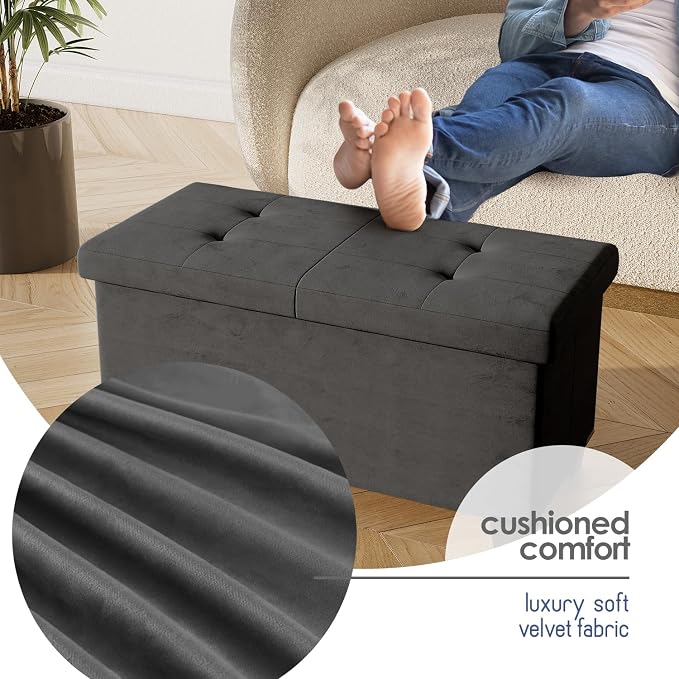 Storage Ottoman Bench with Bins, 30-in Storage Bench for Bedroom End of Bed, Folding Foot Rest Ottoman for Living Room Max 660lbs, Velvet Ottomans, Grey