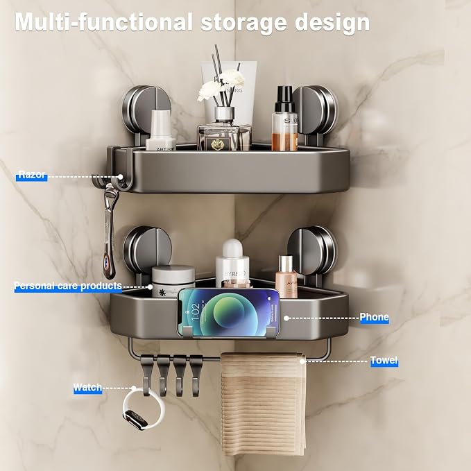 Mustorn Suction Cup Shower Caddy Corner, 2 Pack Suction Corner Shower Shelves No Drilling, Rustproof Shower Organizer Suction Cup with Towel Holder & Hooks Removable Bathroom Storage Rack(Gray)