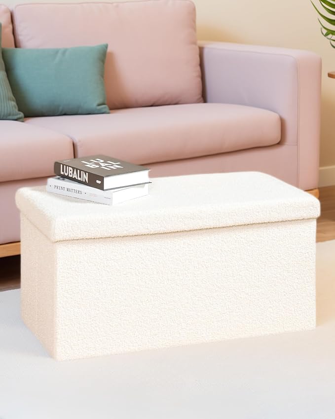 30 Inch Storage Ottoman Bench, Boucle Folding Ottoman Footstool, Rectangular Sherpa Footrest Storage Bench for Bedroom, Living Room, Entryway, Dorm, White