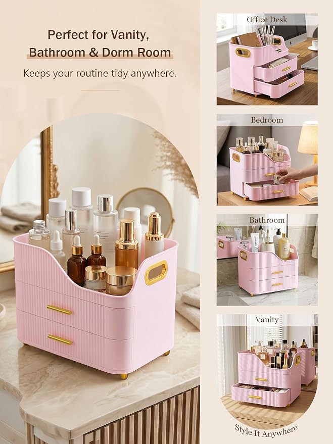 Booklov Large Makeup Organizer for Vanity, Bathroom Countertop, Pink | Plastic Cosmetic Display Case with Drawers, Beauty Brush Holder for Dresser Counter Skincare Eyeshadow Lipstick Storage