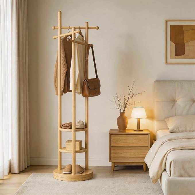 Coat Rack Freestanding, Solid Wood Coat Tree with 6 Hooks and 3 Storage Shelves for Bedroom, Entryway Living Room, Office, Corner Hanger Stand for Purse, Bag, Jacket, Hat