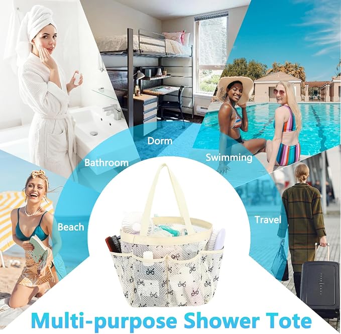 Fammart Mesh Shower Caddy Portable for College Dorm Room Essentials, Odorless Polyester Large Shower Tote Bag with Dual Handles, 8-Pocket Quick-Dry Toiletry Organizer for Travel, Beach, Camping, Gym