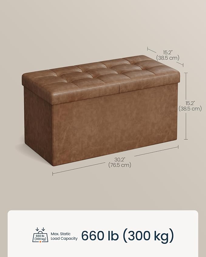 SONGMICS Home Foldable Foot Rest Stool, Storage Ottoman, Tufted Design, PU Leather, Easy Assembly and Cleaning, for Entryway, Living Room, Bedroom, 30.2 Inches, Brown
