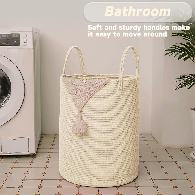 JMvicyroam 80L Cotton Rope Laundry Basket Hamper, Beige | Collapsible laundry basket, reinforced handles, freestanding, machine washable, holds 3-5 thick blankets, clothes or toys