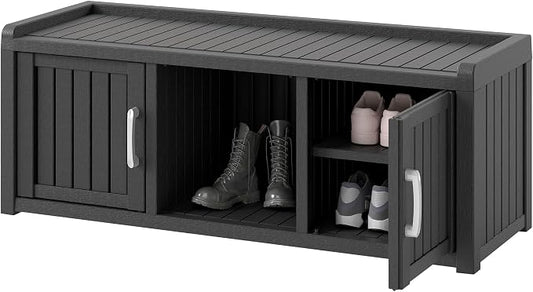 Shoe Storage Cabinet Waterproof UV-Resistant, Entryway Storage Bench Indoor Outdoor with 2 Doors, Adjustable Shelves for Entryway, Bedroom, Hallway,Living Room(Black)