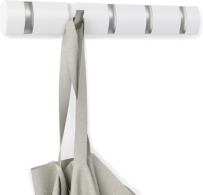 Umbra Flip Coat Rack, Wall Mounted 5-Hook Space Saving, White/Nickel | Real wood and steel build, retractable hooks fold flat, holds coats bags and scarves, easy install