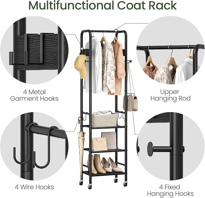 Coat Rack, Freestanding Coat Rack with 3 Shelves, Rolling Garment Rack with Wheels and Hooks, Coat Hanger Stand, Clothes Rack, Hanging Rod, for Entryway, Bedroom, Living Room, Black TYM17BB