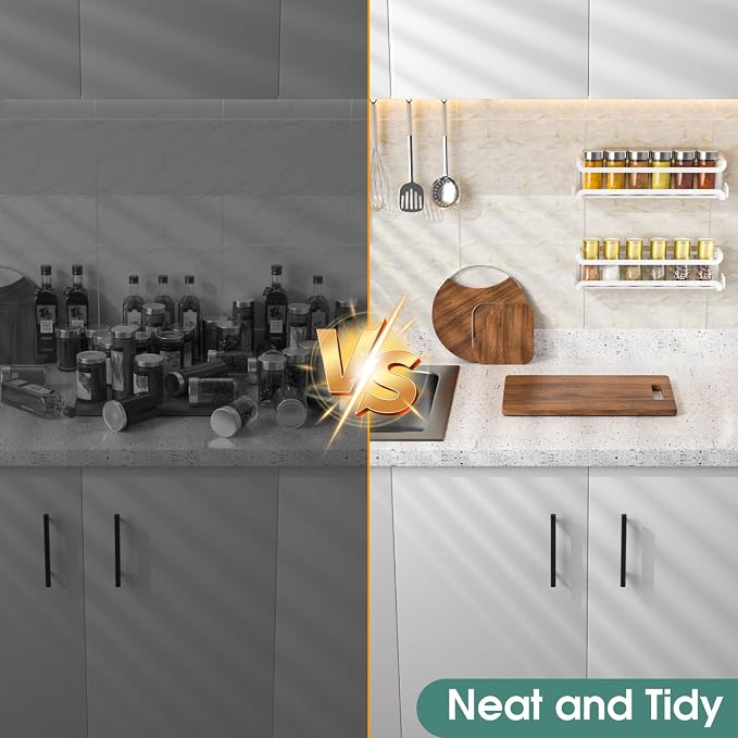 LUCYCAZ 2 Pack Wall Mounted Spice Rack for Spice Jars & Seasonings (White) | 8 Metal Hooks, Space-Saving,Screw or Adhesive Spice Shelf Hanging,for Kitchen Cabinet,Pantry Door,RV,Camper Spice Orgnaizer